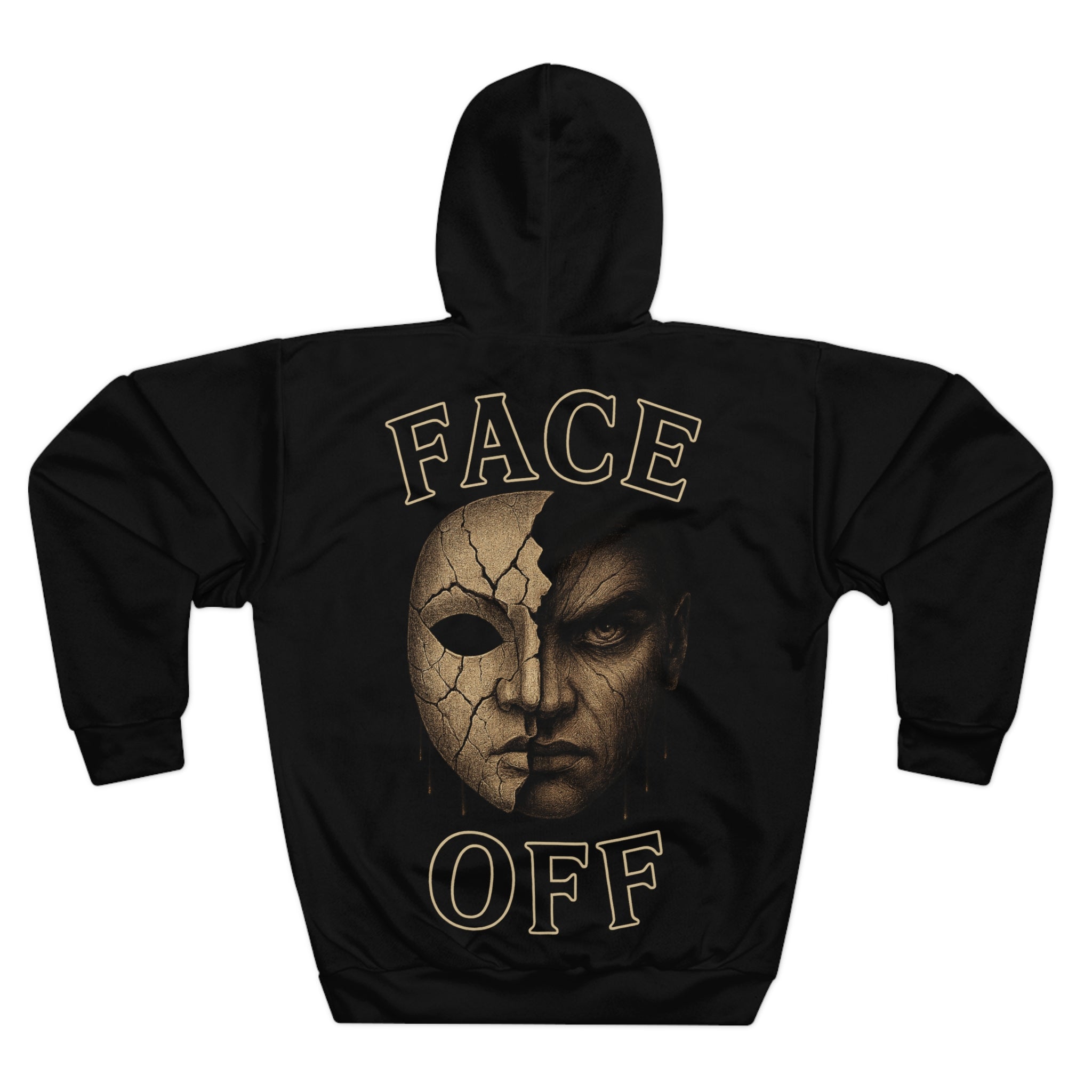 Face Off Unisex Hoodie – Gothic Mask Split Design by Chaos to Cuffed