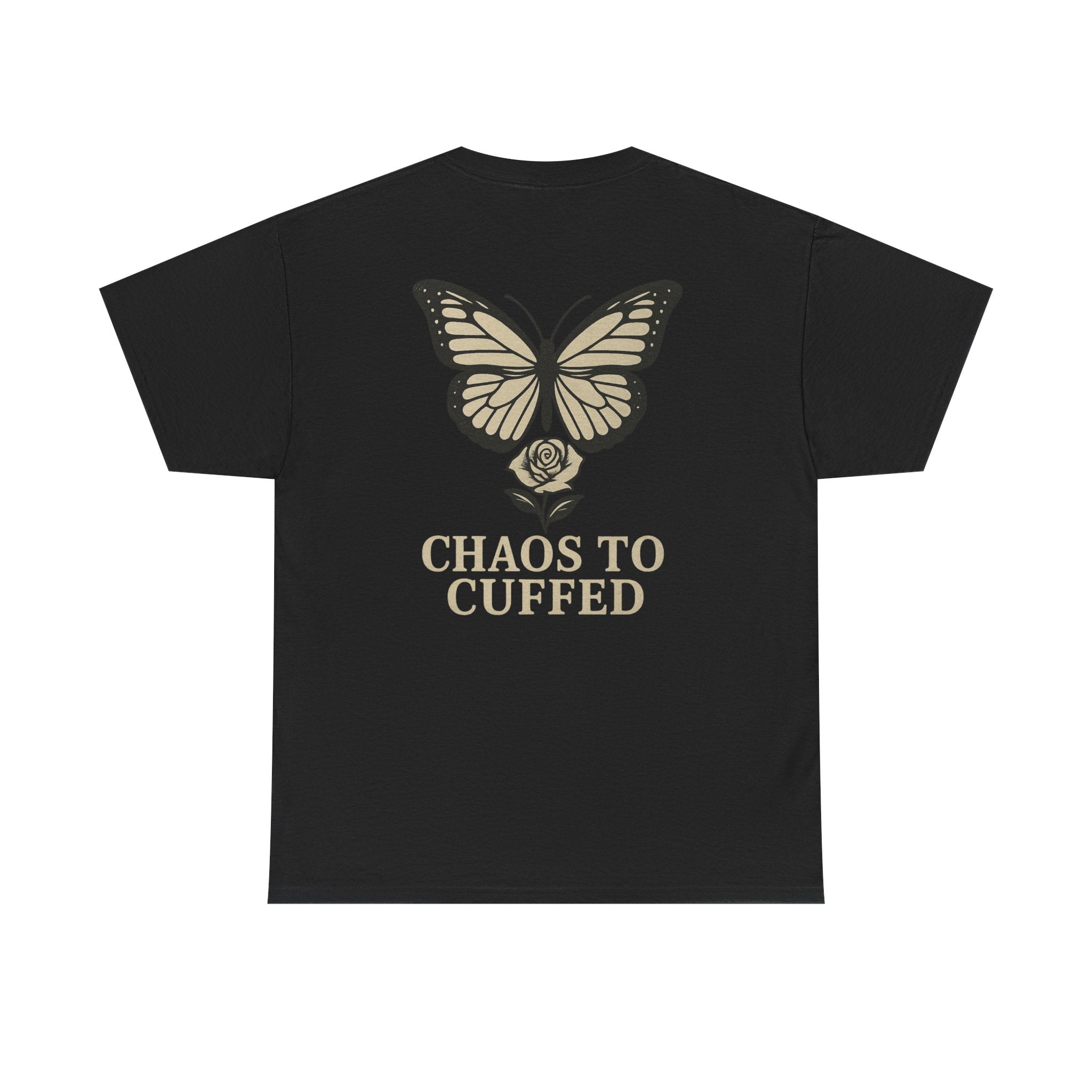 Chaos To Cuffed Butterfly & Rose T-Shirt – Symbol of Transformation & Strength