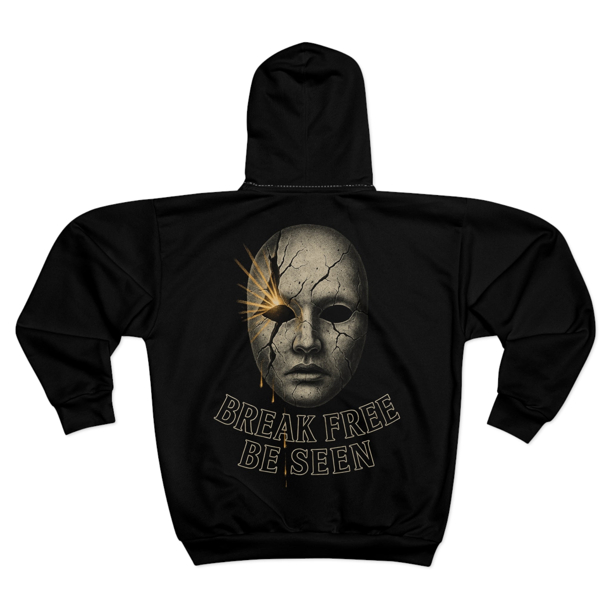 Break Free Be Seen Unisex Zip-Up Hoodie – Cracked Mask Gothic Streetwear by Chaos to Cuffed
