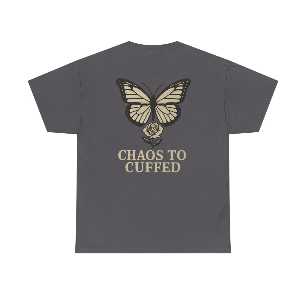 Chaos To Cuffed Butterfly & Rose T-Shirt – Symbol of Transformation & Strength