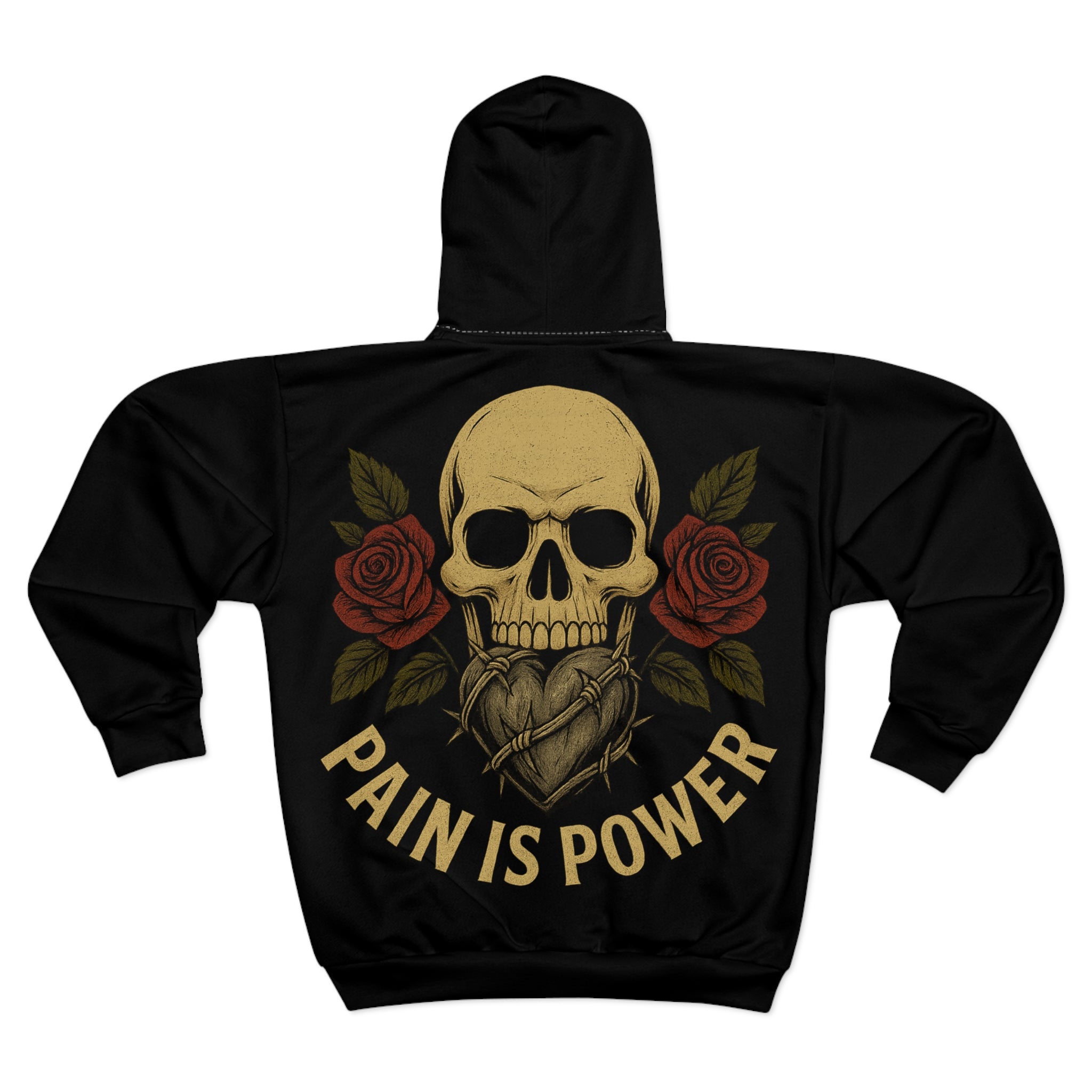Pain Is Power Skull & Rose Graphic – Barbed Wire Steel Heart Streetwear Hoodie Design